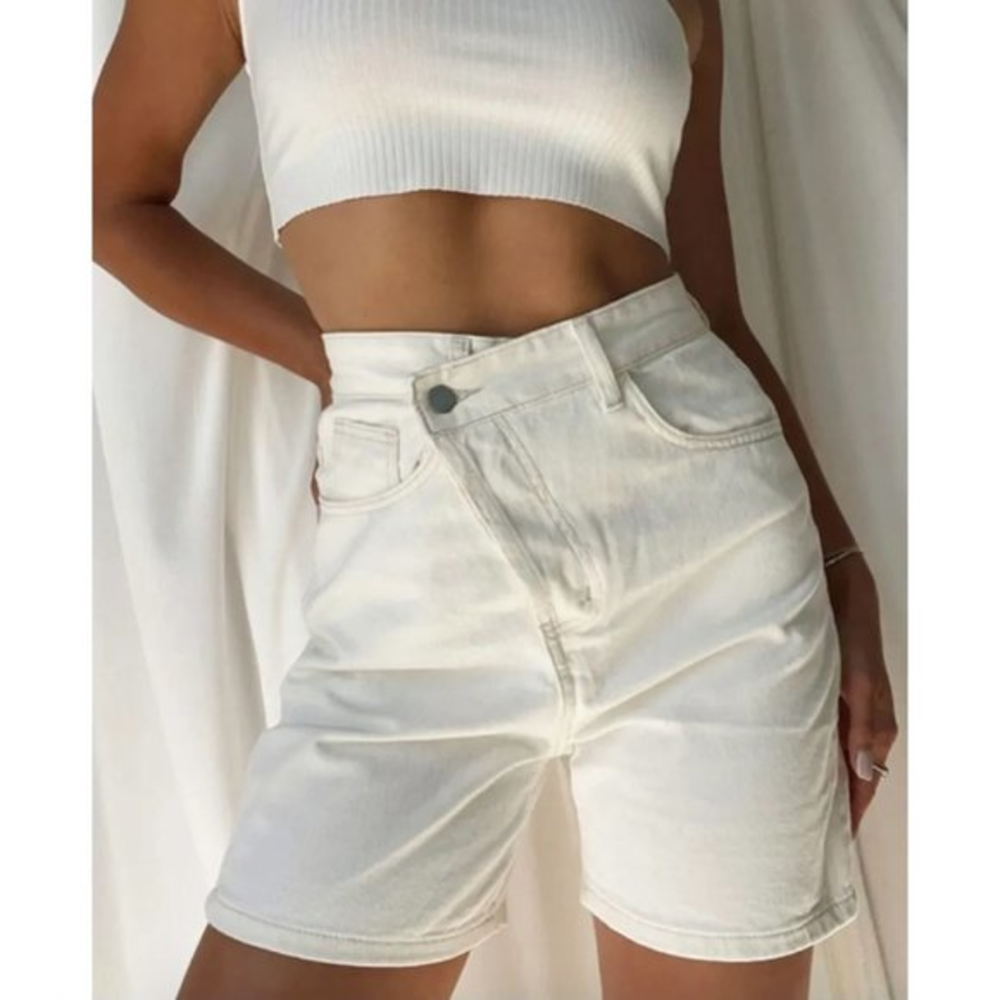 NWT 12th Tribe bone off white ivory asymmetric crisscross Dylan‎ denim shorts